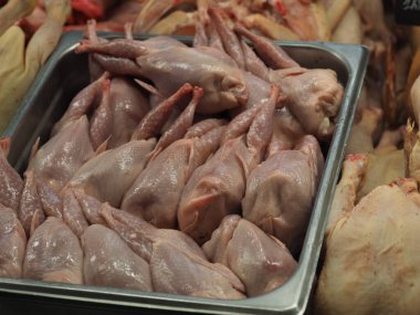 Pazar vitrininde soğuk bıldırcın leşleri.