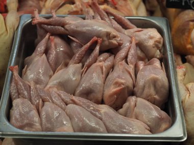 Pazar vitrininde soğuk bıldırcın leşleri.