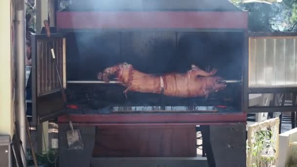 Schweinekadaver Spieß Über Offenem Feuer Gekocht — Stockvideo
