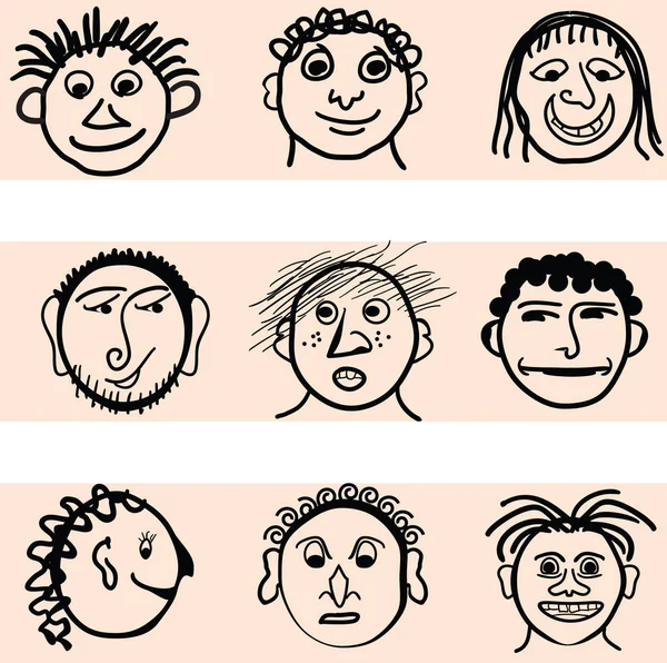 Visages amusants dessinés à la main — Image vectorielle