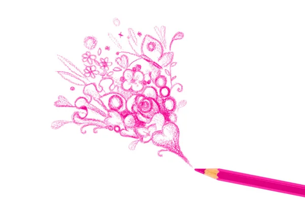Lápiz rosa dibuja el corazón y las flores — Foto de Stock