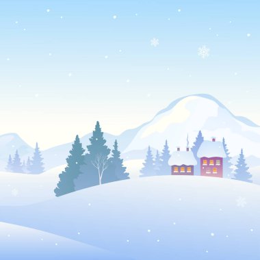 Vector illustration of a snow covered mountain village, square background vector Vector illustration of a snow covered mountain village, square background vector