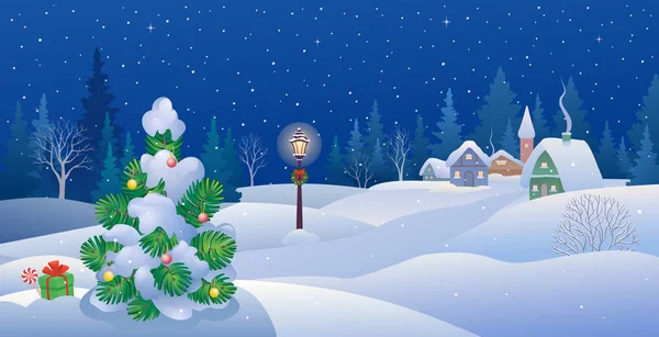 Vector Cartoon Drawing Snowy Village Small Christmas Tree Winter Night Stock Illustration