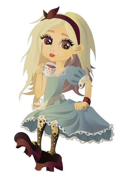 Alice Wonderland Spazieren Gehen Mit Einer Tasse Tee — Stockvektor