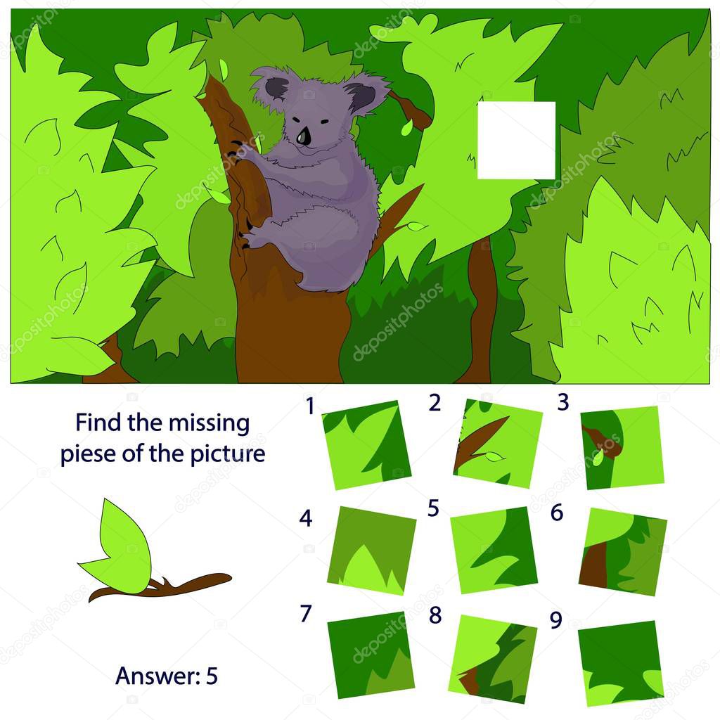 Find the missing fragment of the picture from the game for children with a funny fluffy koala sitting on a branch