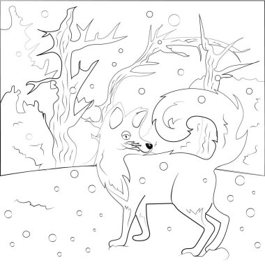 Karlı orman boyama sayfasında kurnaz tilki