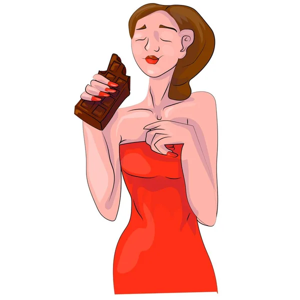Девушка Красном Платье Ест Шоколадный Батончик Иллюстрации Удовольствие — стоковый вектор