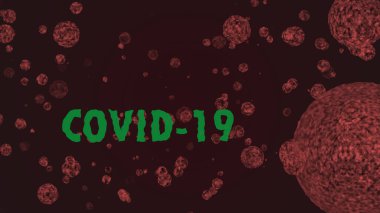 Yeşil metinli kırmızı renkli Covid-19 Coronavirus fotoğrafı, 3 boyutlu elektronik mikroskop altında. Virüs konsepti