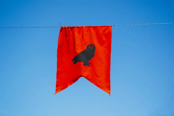 red owl banner with blue sky in the background. Medieval concept