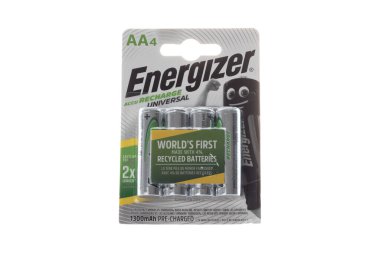 VARNA, BULGARIA - MARCH 15, 2020: Photo of a four pack Energizer AA rechargable batteries isolated on white. Energizer Holdings, Inc. is an American manufacturer of batteries.