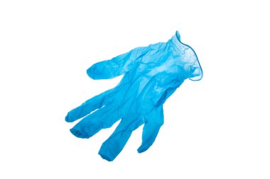 Genel veya tıbbi kullanım için tek mavi lateks eldiven, beyaz üzerine izole edilmiş.