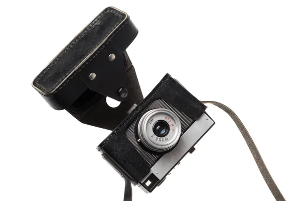 Régi Retro Film Kamera Fekete Bőröndben Elszigetelt Fehér Alapon — Stock Fotó