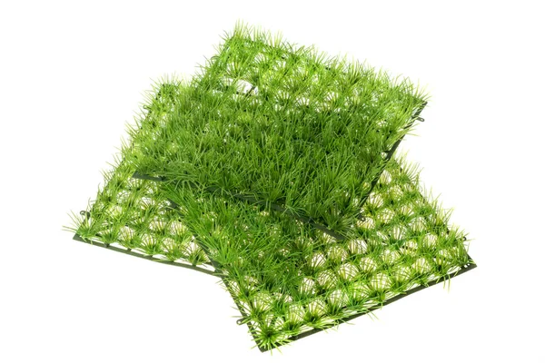 Haufen Dekorativer Kunststoff Kunststoff Grasfliese Isoliert Auf Weißem Hintergrund — Stockfoto