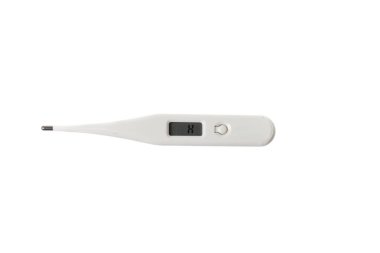 Beyaz arkaplanda izole edilmiş yüksek sıcaklığı gösteren beyaz dijital termometre