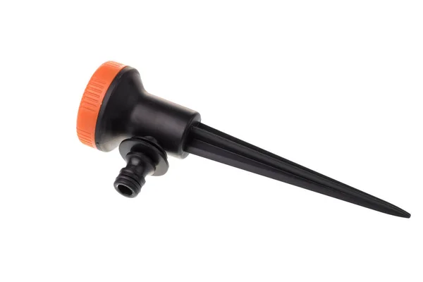 Side View Black Plastic Garden Sprinkler Irrigation Orange Head Multiple — Stock Photo, Image