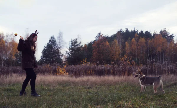 White Woman Playing Dog Meadow Autumn — ストック写真