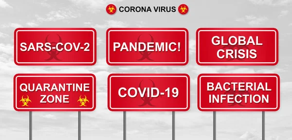 Illustration with red street sign banner saying Corona virus knows as COVID-19. Yellow caution signs with black stylized info graphics. Corona virus COVID-19.