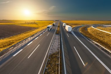 Pastoral gün batımında karayolunda beyaz kamyon