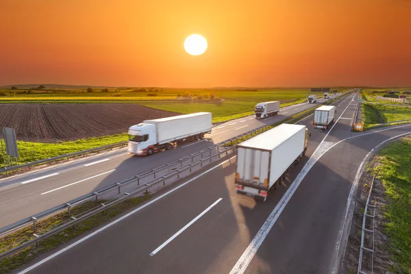 Delivery transport trucks on the highway at sunset — Stock Photo, Image