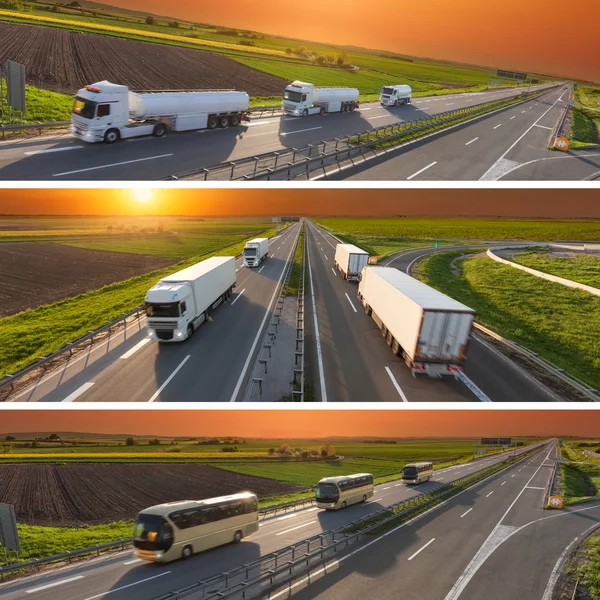 Trucks and buses in motion blur on highway at sunset — Stock Photo, Image