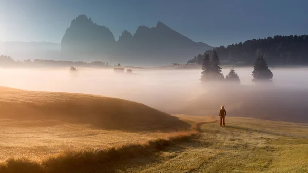 Mooi meisje kijkend naar rijzende zon in Zuid-Tirol Alpen — Stockfoto