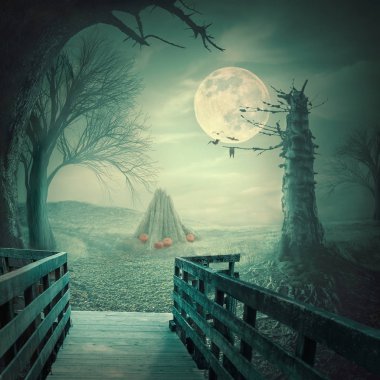 Spooky halloween zemin ile kabak, saman yığını