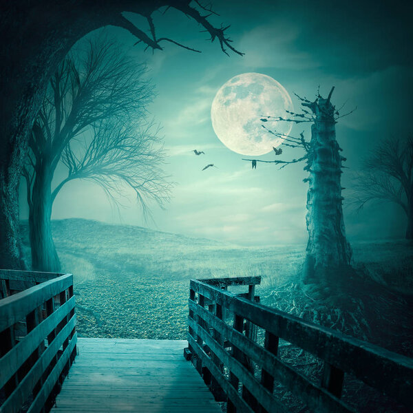 Mystical autumn forest with dead trees, old wooden bridge, bats and roots at teal full moon night. Halloween scary background concept.