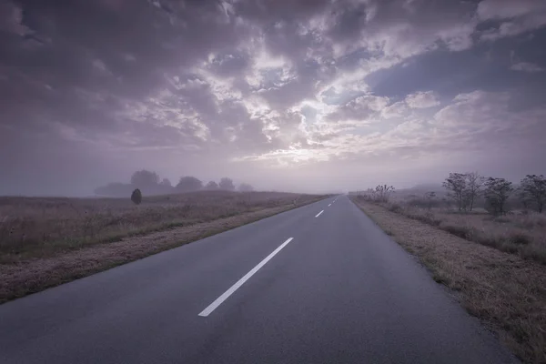 Jazdy na pustą asfaltową drogą w mglisty sunrise — Zdjęcie stockowe