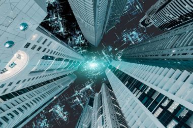 Web ağ modern şehir içinde soyut hızlı gelişimi