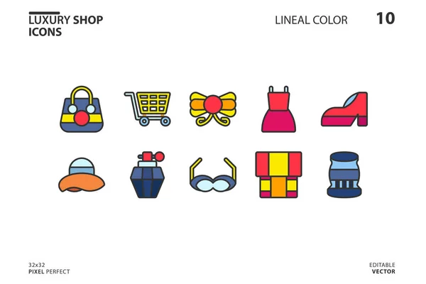10 Icons Sammlung von Luxusgeschäften im linearen Farbstil. Vektor — Stockvektor
