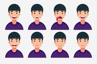 Yüz ifadelerini ifade eden bir grup adam. Vektör avatar düz kümesi