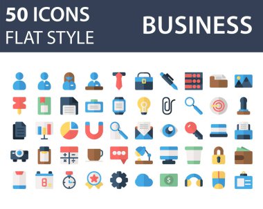 Düz biçimli iş simgesi kümesi beyaz arkaplanda izole edildi.