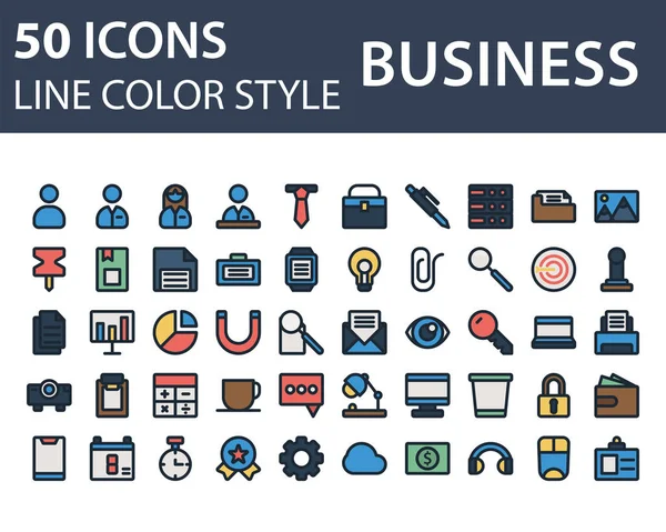 Conjunto de icono de negocio en Esquema Estilo de color aislado en blanco ba — Vector de stock