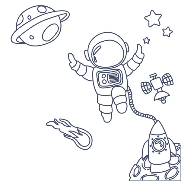 Astronot boyama kitabı çizgi çizimi sanat tasarımı çizimi illüstrasyonu. Boşluk ayrı nesneler. Uzay el çizimi karalama tasarım elementleri.