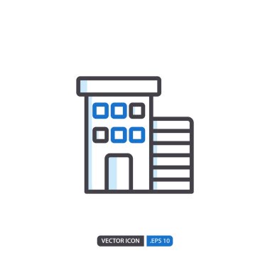 Beyaz arkaplanda izole edilmiş bina simgesi. Web sitesi tasarımın için, logo, uygulama, Ui. Vektör grafik çizimi ve düzenlenebilir felç. Eps 10.