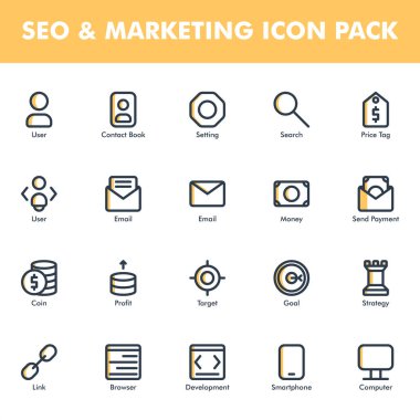 Beyaz arkaplanda Seo & Pazarlama simgesi paketi izole edildi. Web sitesi tasarımın için, logo, uygulama, UI. Vektör grafik çizimi ve düzenlenebilir felç. EPS 10.