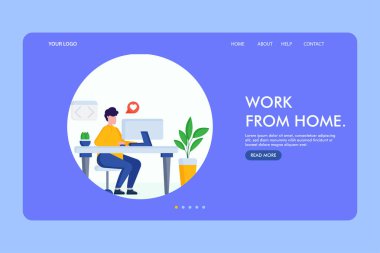 İniş sayfası evde çalışıyor. Evde dizüstü bilgisayarlar ve bilgisayarlar üzerinde çalışan serbest çalışan adamlar. Karantinadaki insanlar. Vektör düz biçim illüstrasyonu.