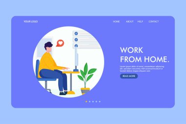 İniş sayfası evde çalışıyor. Evde dizüstü bilgisayarlar ve bilgisayarlar üzerinde çalışan serbest çalışan adamlar. Karantinadaki insanlar. Vektör düz biçim illüstrasyonu.