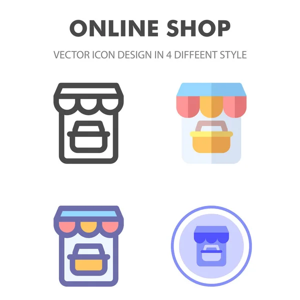 Çevrimiçi Shop simgesi tasarımı 4 farklı tarzda. Web siteniz için simge tasarımı, logo, uygulama, UI. Vektör grafik çizimi ve düzenlenebilir felç. EPS 10.