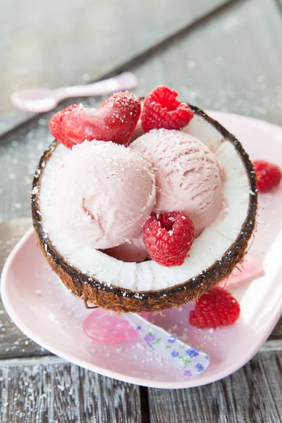 Cuillères de crème glacée dans une demi-noix de coco — Photo