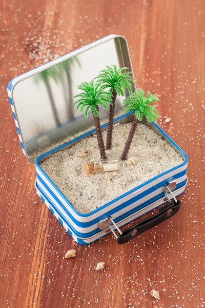 Petite valise avec sable et palmiers — Photo