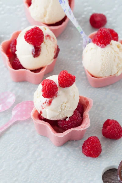Vanilla ice cream with raspberries — Stock Photo, Image
