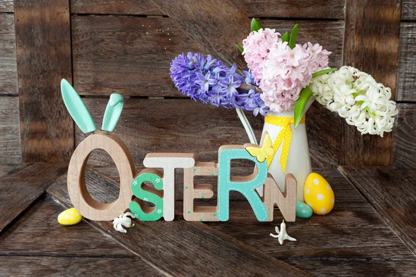 Cheerful Easter Decorations Bunch Fresh Spring Flowers Ostern Translates Easter — Stock Photo, Image