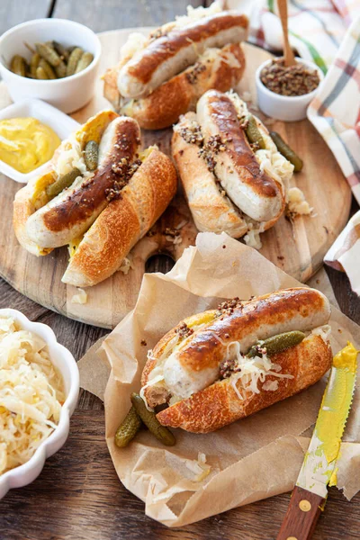 Delicious Pork Sausage Hot Dogs Sauerkraut Mustard — Stock Photo, Image