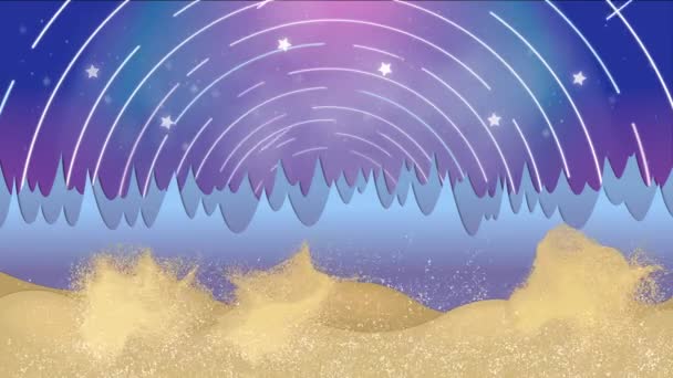 판타지에 록 키 마운틴와 스타 회전 4k에 동화 만화 이야기 개념에 밤 하늘에서 떨어지는 유성 애니메이션 사막 모래 폭풍 사이 클론 울트라의 Hd — 비디오