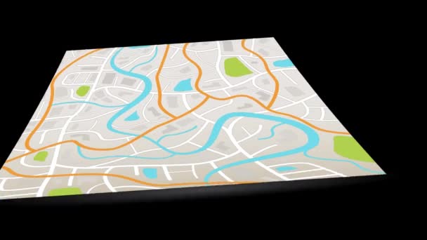 Une animation de la carte de la ville avec l'emplacement du symbole de point d'épingle GPS numérique avec badge coloré et étiquettes en arrière-plan isolé noir en 4k ultra HD — Video