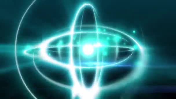 Abstrakte atomare Animation Kugel Form Licht Atom mit Kern Proton Neutron in der Mitte und Elektronen Teilchen fliegen kreisförmig in nahtloser Schleife, für die Quantenphysik Chemie Ausbildung in 4k ultra hd — Stockvideo