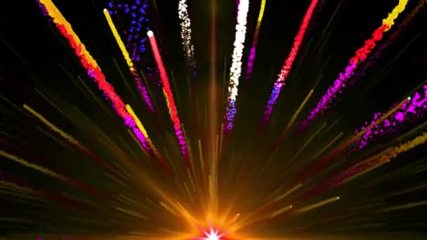 Animación sin costuras de luz dorada amarilla abstracta colorida y fuegos artificiales disparando al cielo y con elemento de rastro de partículas brillantes en fondo negro en bucle 4k ultra HD — Vídeos de Stock
