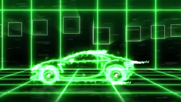 Abstracte animatie van groene energie futuristisch super auto gemaakt met Lichtschermbewaking cat.2 wireframes op stad achtergrond scène. Eco schone energie auto en aërodynamische auto motion design engineering technologie — Stockvideo