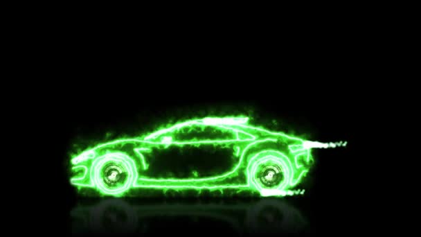 Абстрактная анимация футуристического суперкара с зеленой энергией, сделанная с помощью проволоки светового луча на черном изолированном футуристическом фоне. Выделите экологически чистую энергию автомобильный автомобиль и аэродинамическая технология проектирования движения автомобиля в 4k . — стоковое видео